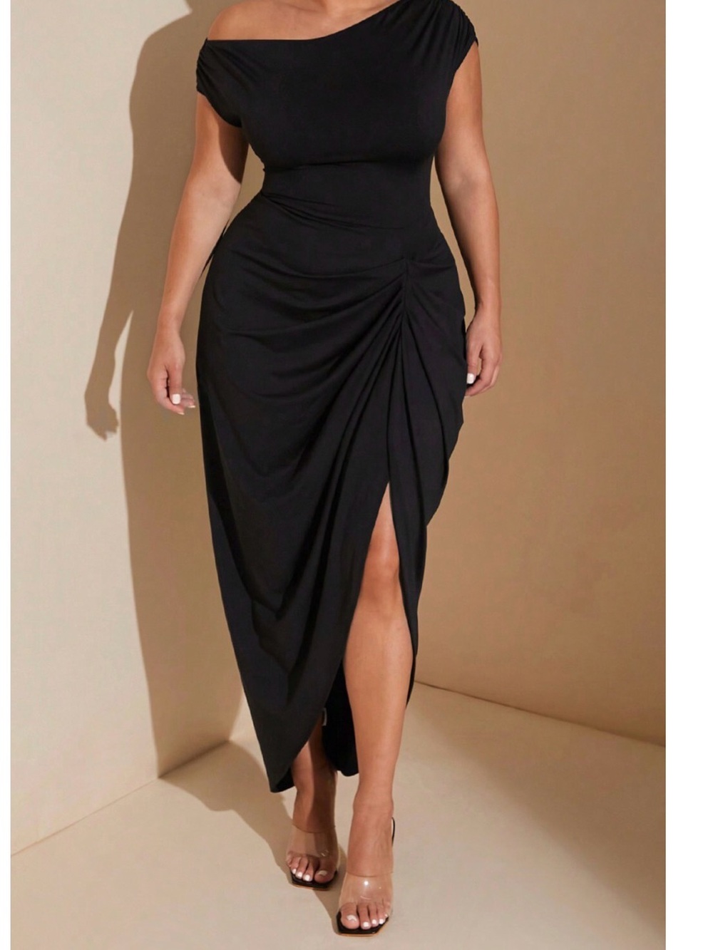Plus size micas Off-Shoulder Black Ruched Midi Dress